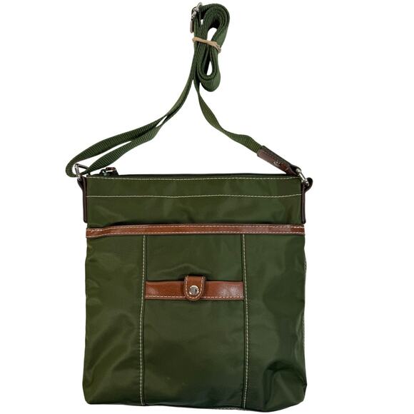 Nine West Green Nylon Crossbody Bag Brown Leather Trim Adjustable Strap - Picture 1 of 9